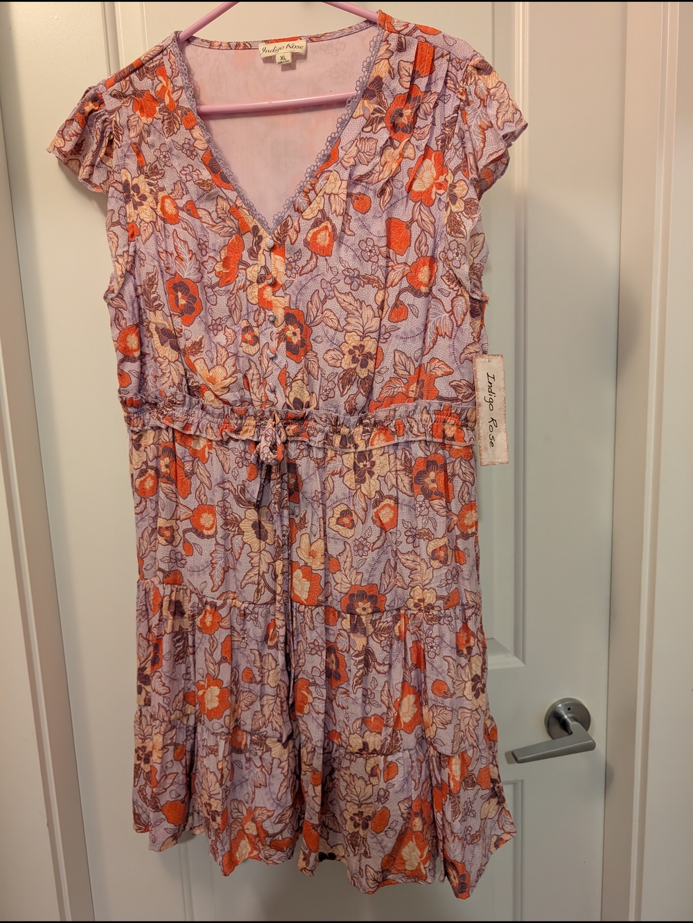 Indigo Rose Lavender & Orange Floral Faux-button Midi Dress